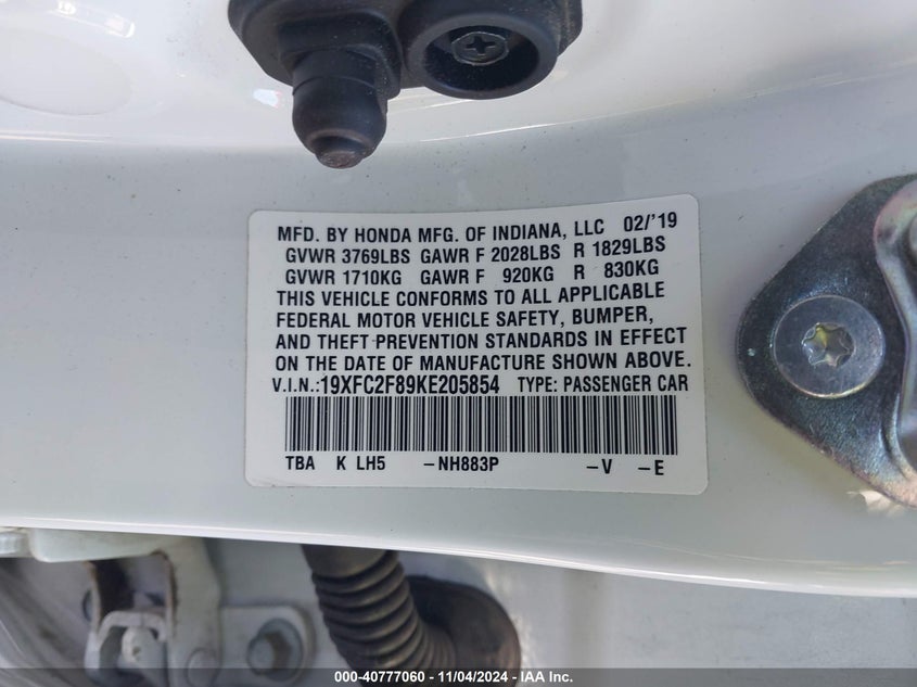 VIN 19XFC2F89KE205854 2019 HONDA CIVIC SPORT