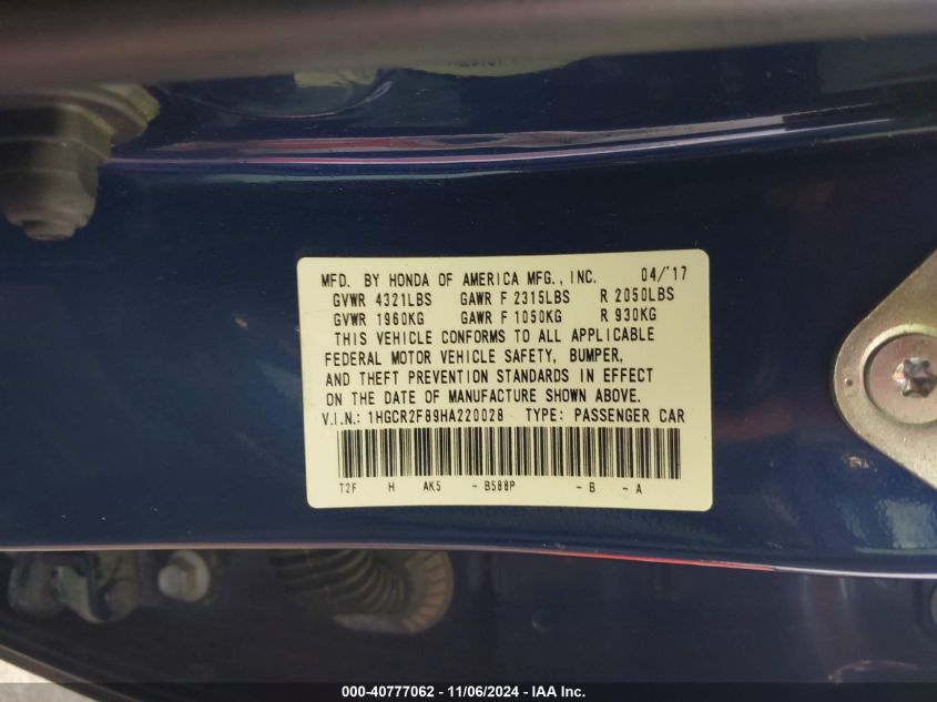 VIN 1HGCR2F89HA220028 2017 Honda Accord, Ex-L no.9