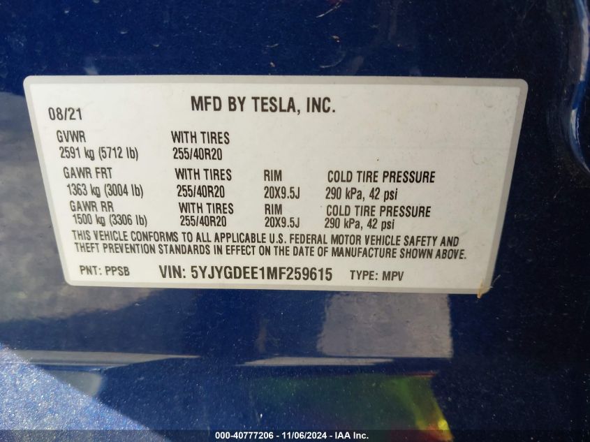 2021 Tesla Model Y Long Range Dual Motor All-Wheel Drive VIN: 5YJYGDEE1MF259615 Lot: 40777206