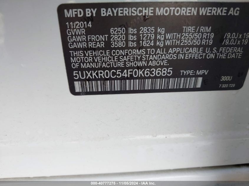 VIN 5UXKR0C54F0K63685 2015 BMW X5, Xdrive35I no.9