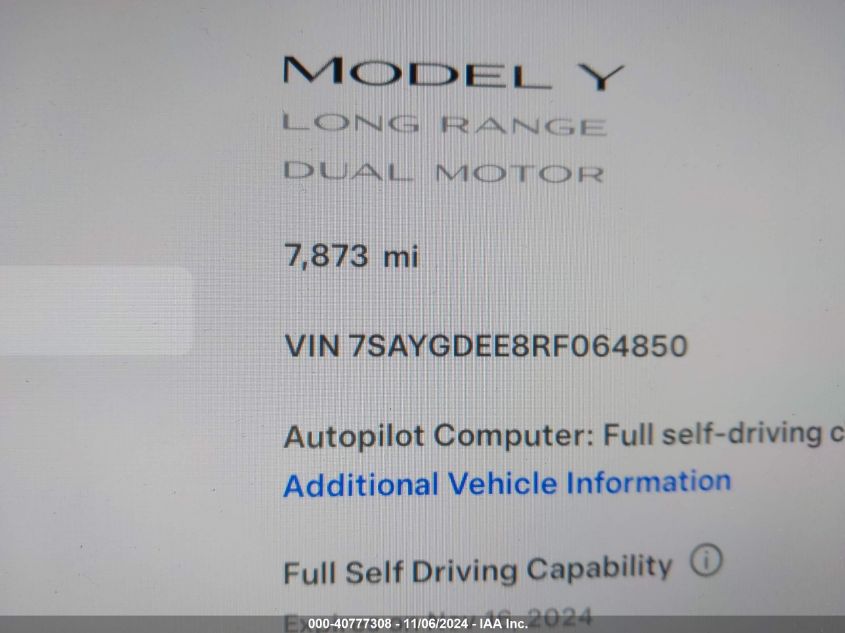 2024 Tesla Model Y Long Range Dual Motor All-Wheel Drive VIN: 7SAYGDEE8RF064850 Lot: 40777308