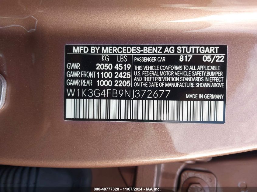 2022 Mercedes-Benz A 220 4Matic VIN: W1K3G4FB9NJ372677 Lot: 40777328