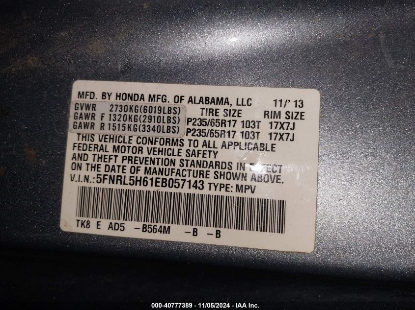 VIN 5FNRL5H61EB057143 2014 Honda Odyssey, Ex-L no.9