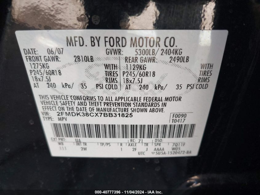 2007 Ford Edge Sel VIN: 2FMDK38CX7BB31825 Lot: 40777396