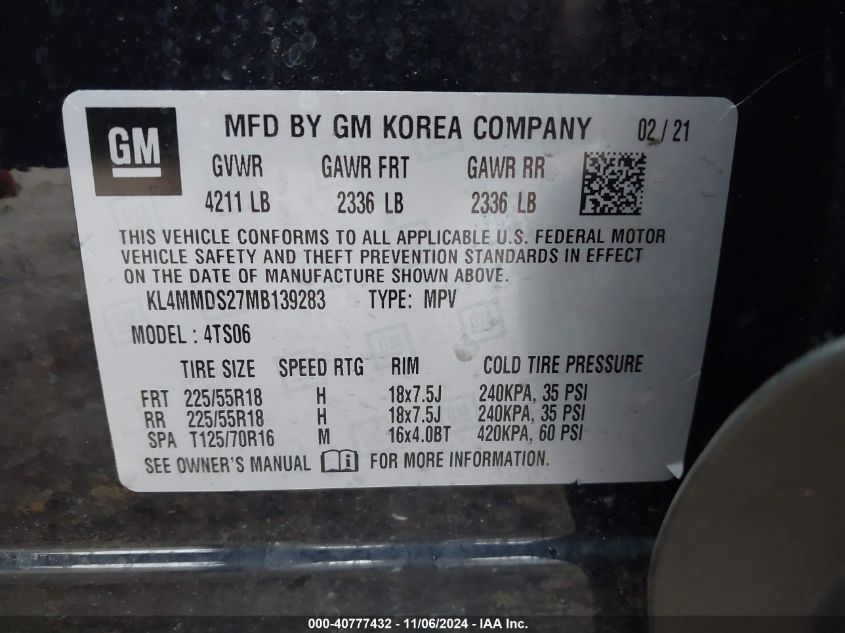 2021 Buick Encore Gx Fwd Select VIN: KL4MMDS27MB139283 Lot: 40777432