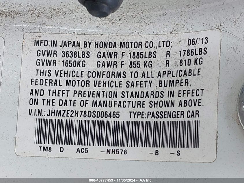 2013 Honda Insight Ex VIN: JHMZE2H78DS006465 Lot: 40777459