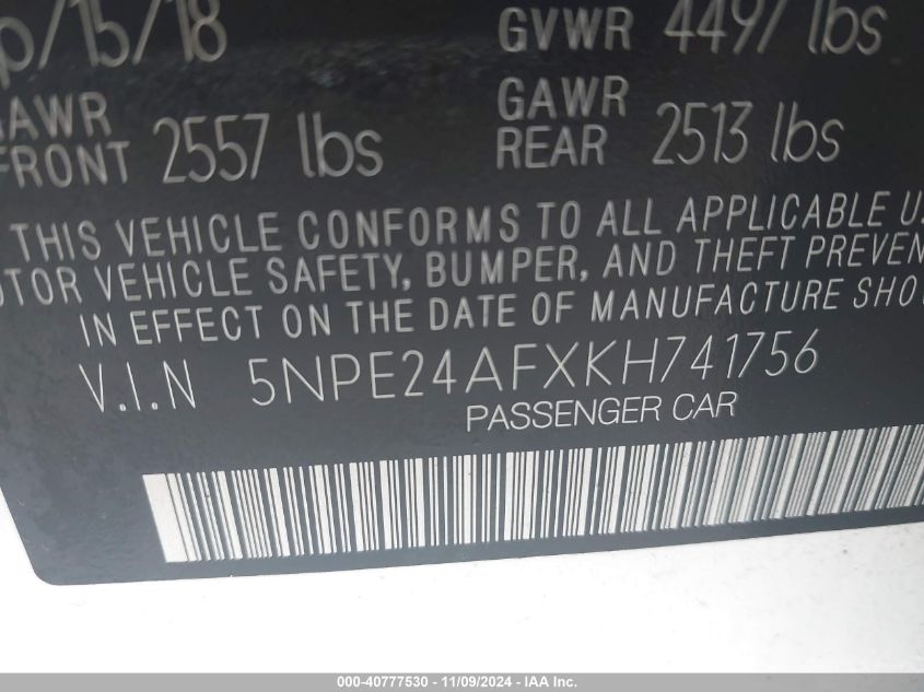VIN 5NPE24AFXKH741756 2019 HYUNDAI SONATA SE