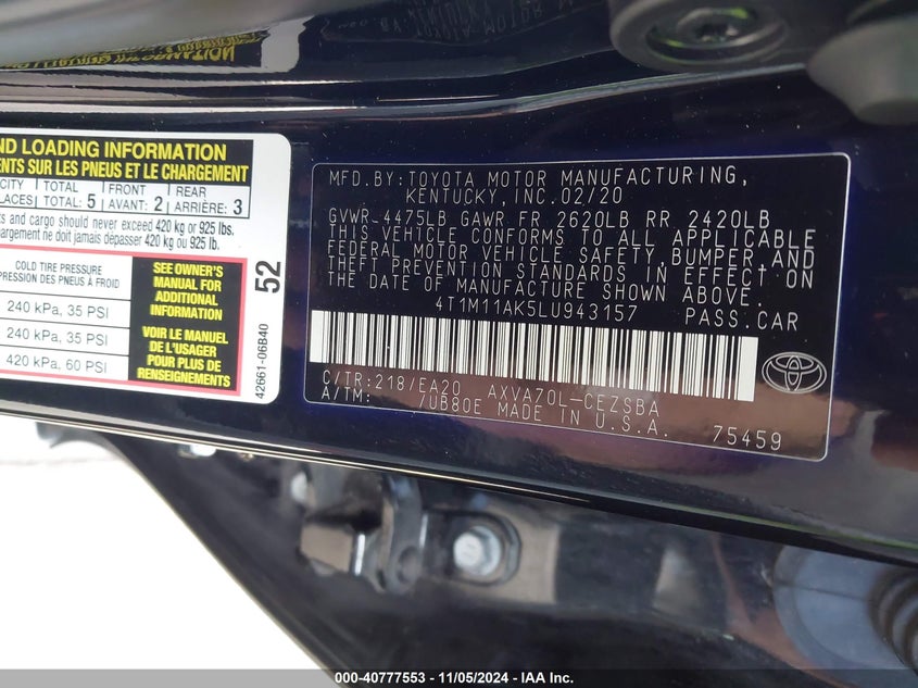 2020 TOYOTA CAMRY VIN: 4T1M11AK5LU943157