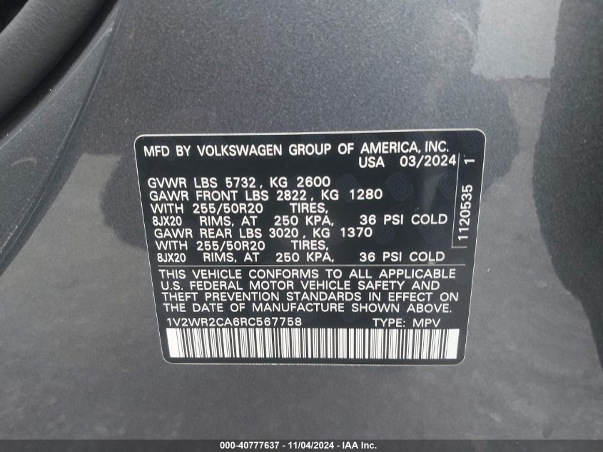 VIN 1V2WR2CA6RC567758 2024 Volkswagen Atlas, 2.0T S... no.9