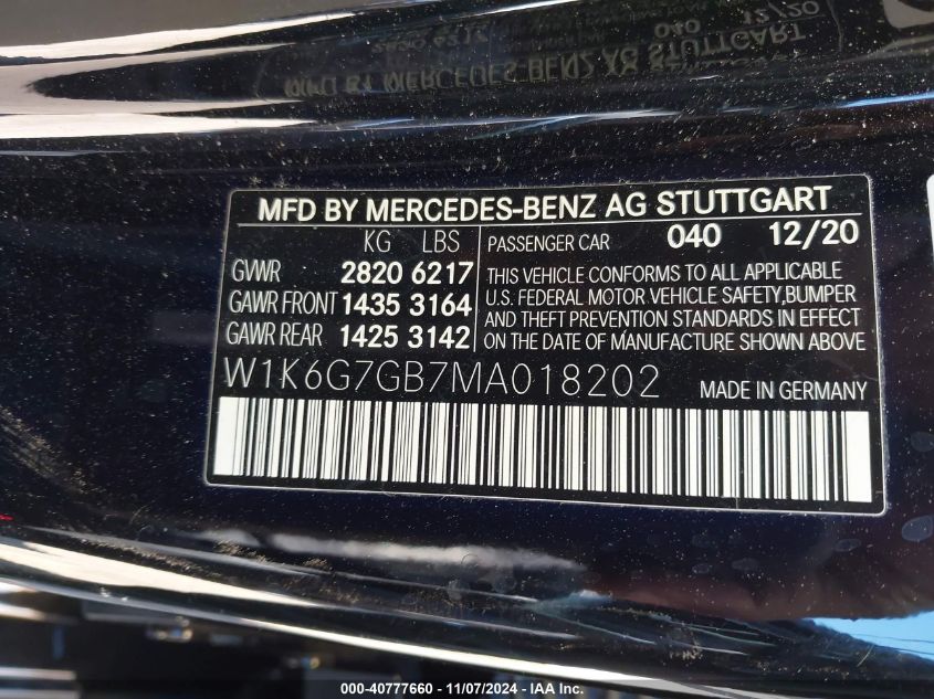 2021 Mercedes-Benz S 580 4Matic VIN: W1K6G7GB7MA018202 Lot: 40777660