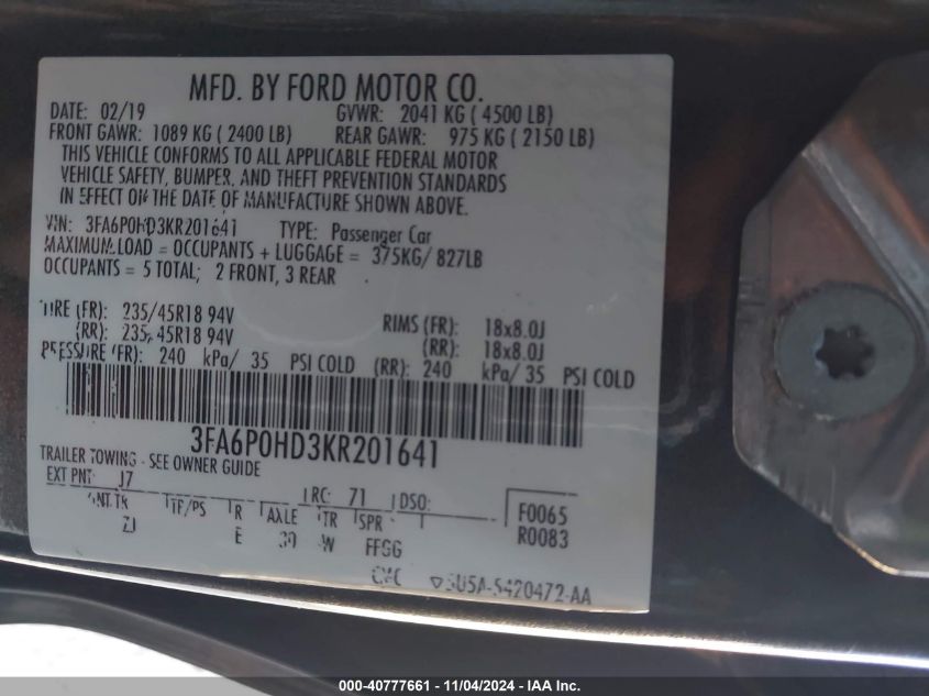 2019 FORD FUSION SE - 3FA6P0HD3KR201641