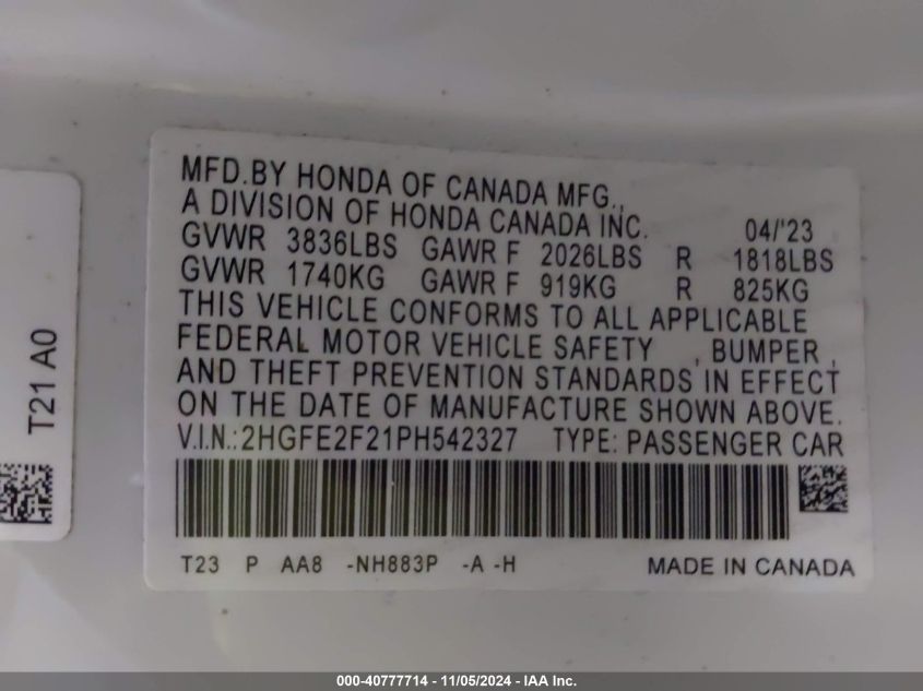 VIN 2HGFE2F21PH542327 2023 HONDA CIVIC no.9