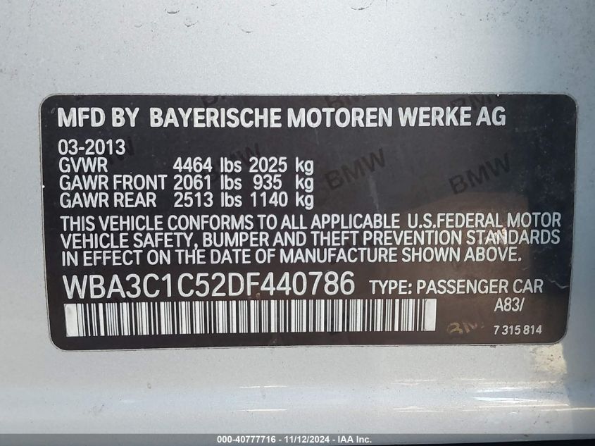 2013 BMW 328I VIN: WBA3C1C52DF440786 Lot: 40777716