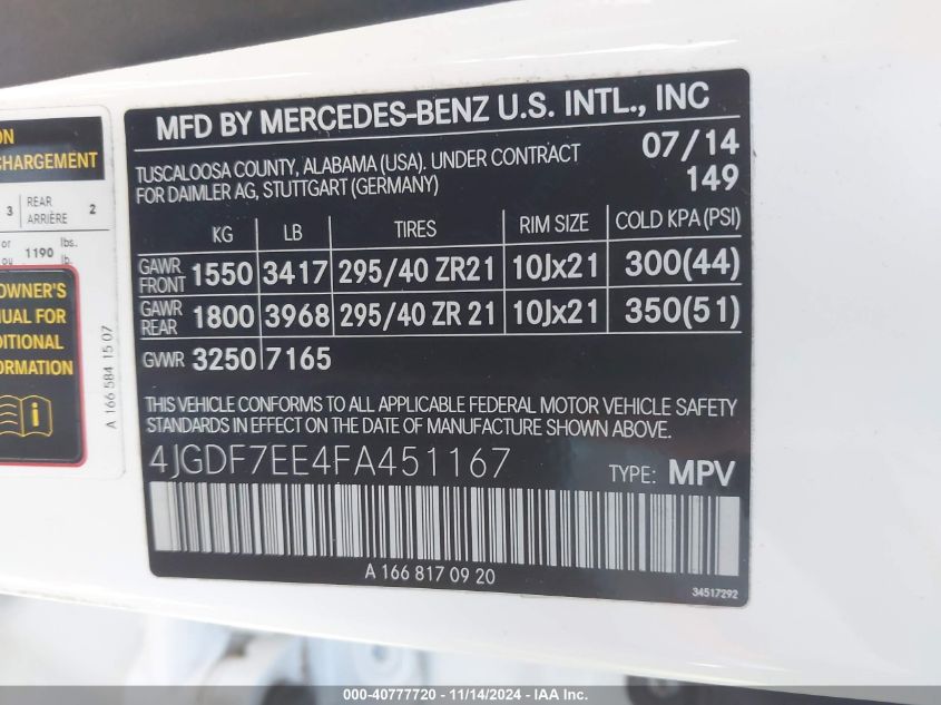 2015 Mercedes-Benz Gl 63 Amg 4Matic VIN: 4JGDF7EE4FA451167 Lot: 40777720