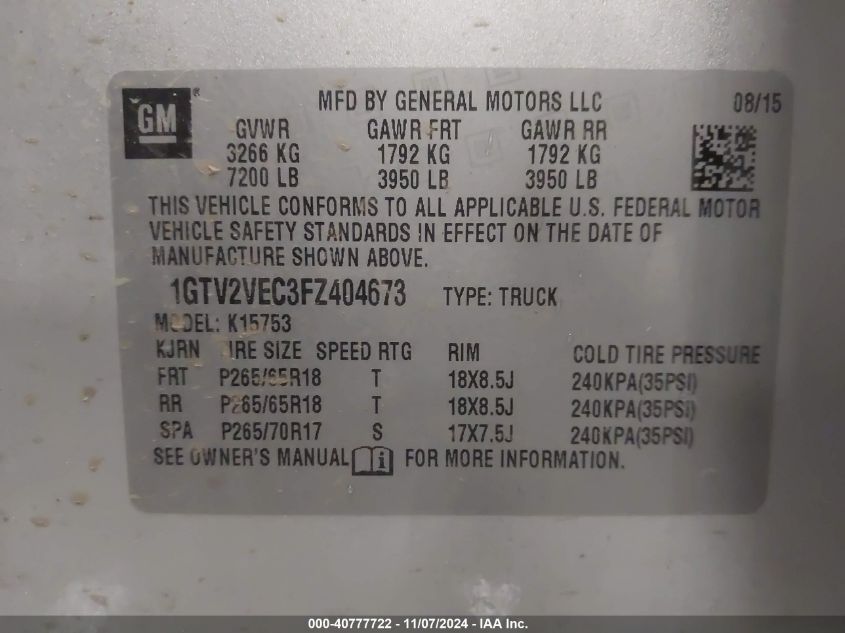 VIN 1GTV2VEC3FZ404673 2015 GMC Sierra, 1500 Slt no.9