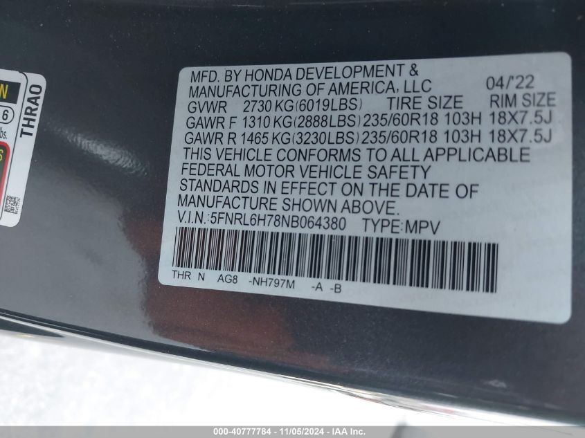 2022 Honda Odyssey Ex-L VIN: 5FNRL6H78NB064380 Lot: 40777784