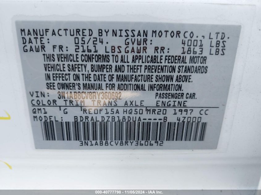 2024 Nissan Sentra Sv Xtronic Cvt VIN: 3N1AB8CV8RY360692 Lot: 40777798