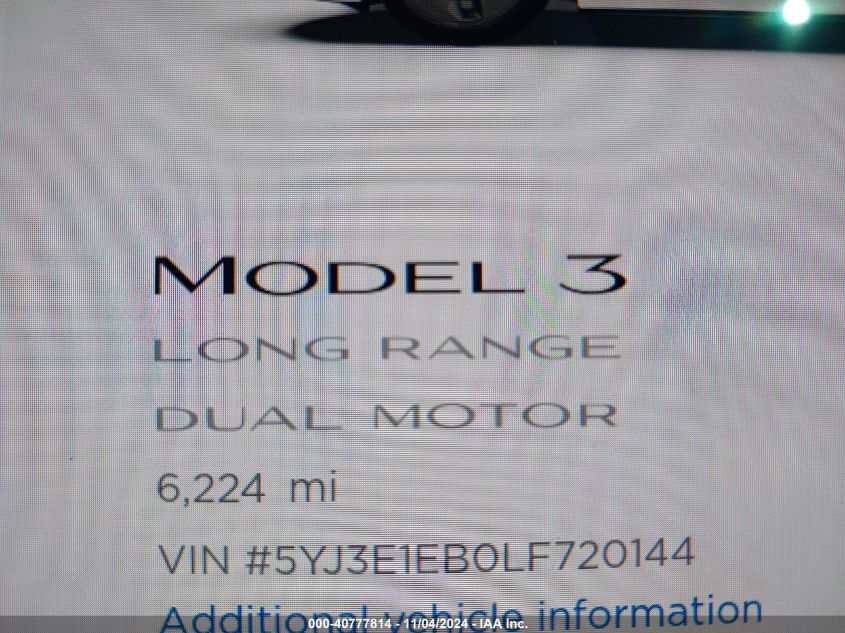 2020 Tesla Model 3 VIN: 5YJ3E1EB0LF720144 Lot: 40777814