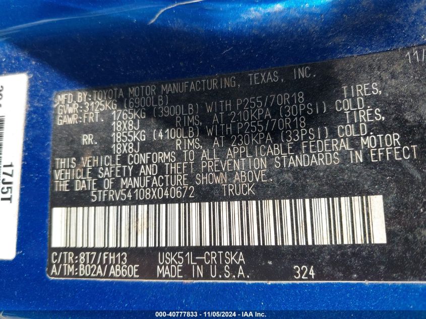 2008 Toyota Tundra Sr5 5.7L V8 VIN: 5TFRV54108X040672 Lot: 40777833