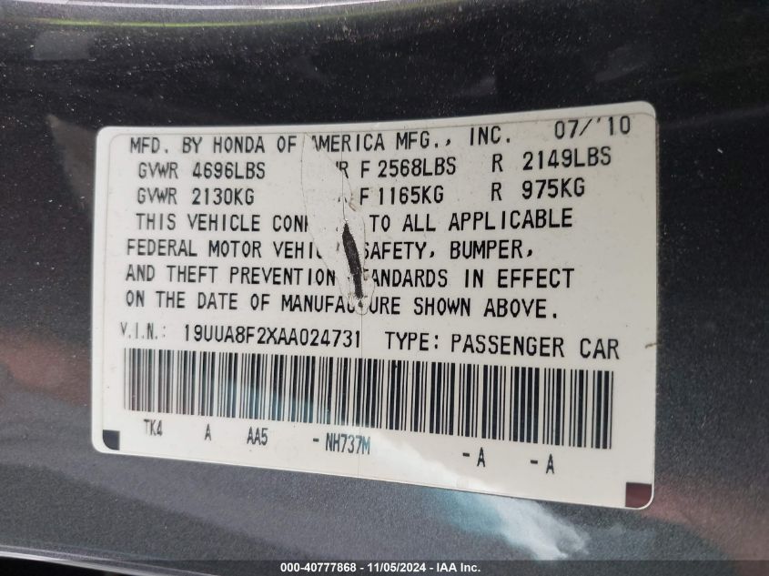 2010 Acura Tl 3.5 VIN: 19UUA8F2XAA024731 Lot: 40777868