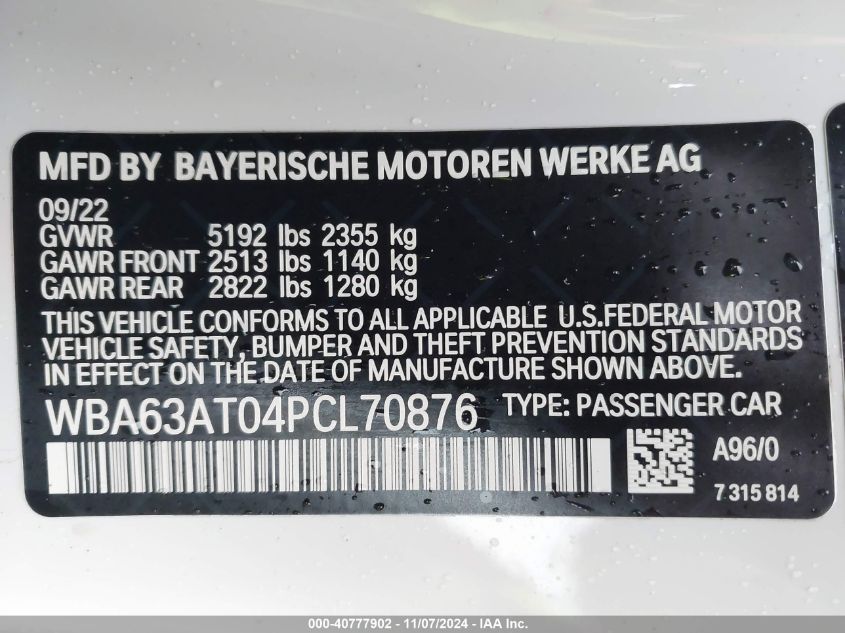 2023 BMW M440I xDrive VIN: WBA63AT04PCL70876 Lot: 40777902