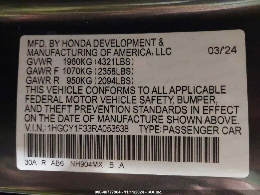 2024 Honda Accord Ex VIN: 1HGCY1F33RA053538 Lot: 40777904