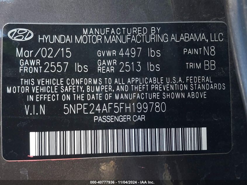 2015 Hyundai Sonata Se VIN: 5NPE24AF5FH199780 Lot: 40777936