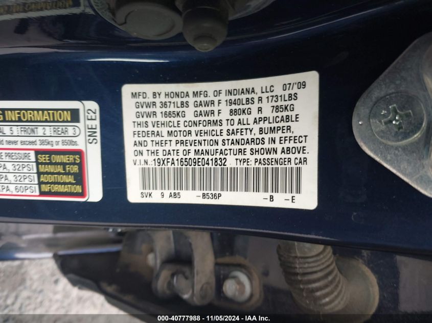 2009 Honda Civic Lx VIN: 19XFA16509E041832 Lot: 40777988