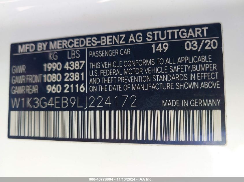 2020 Mercedes-Benz A 220 VIN: W1K3G4EB9LJ224172 Lot: 40778004