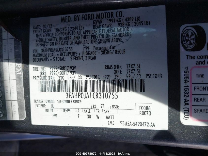 2012 Ford Fusion Sel VIN: 3FAHP0JA1CR310755 Lot: 40778072