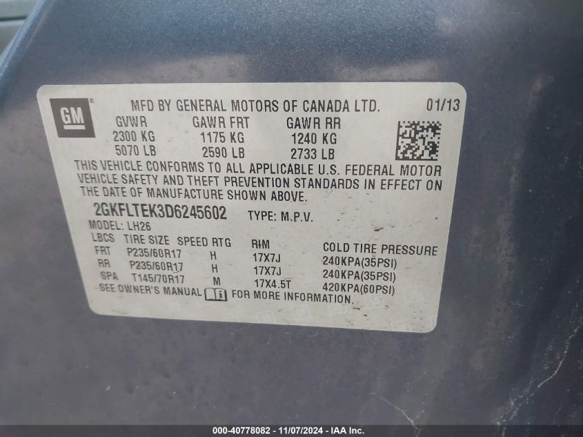 2013 GMC Terrain Sle-2 VIN: 2GKFLTEK3D6245602 Lot: 40778082