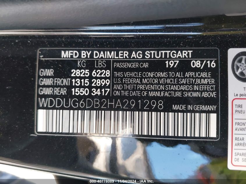 2017 Mercedes-Benz S 550E Plug-In Hybrid VIN: WDDUG6DB2HA291298 Lot: 40778089