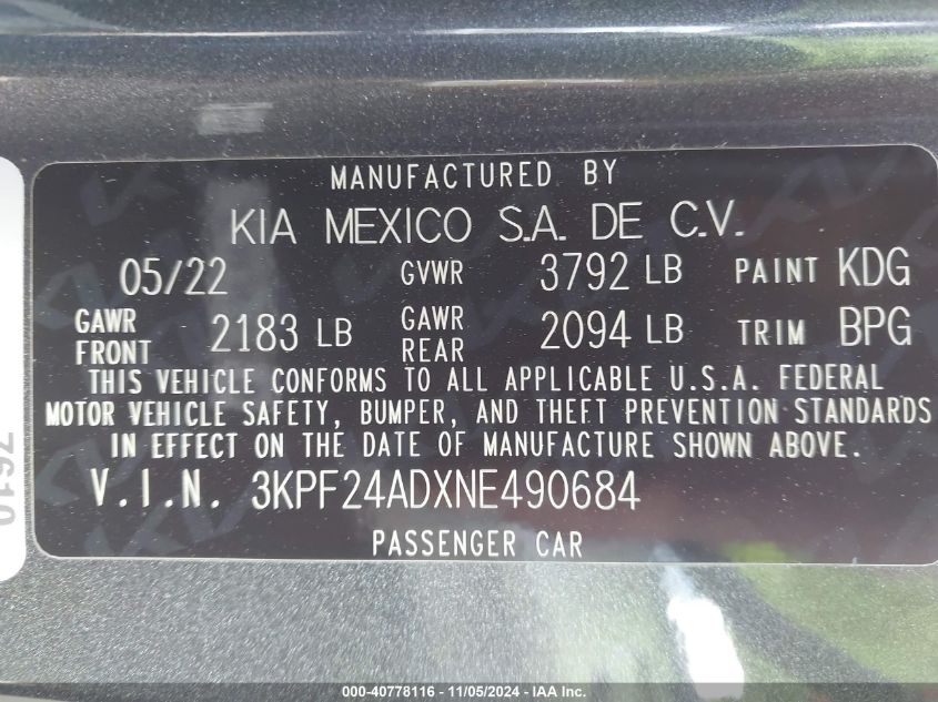 2022 Kia Forte Lxs VIN: 3KPF24ADXNE490684 Lot: 40778116