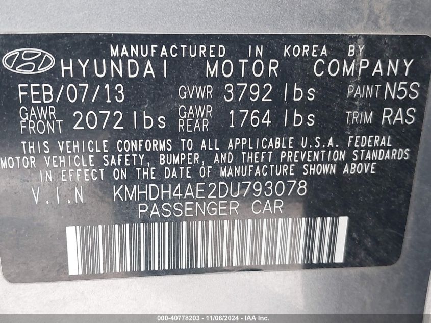 2013 Hyundai Elantra Gls VIN: KMHDH4AE2DU793078 Lot: 40778203