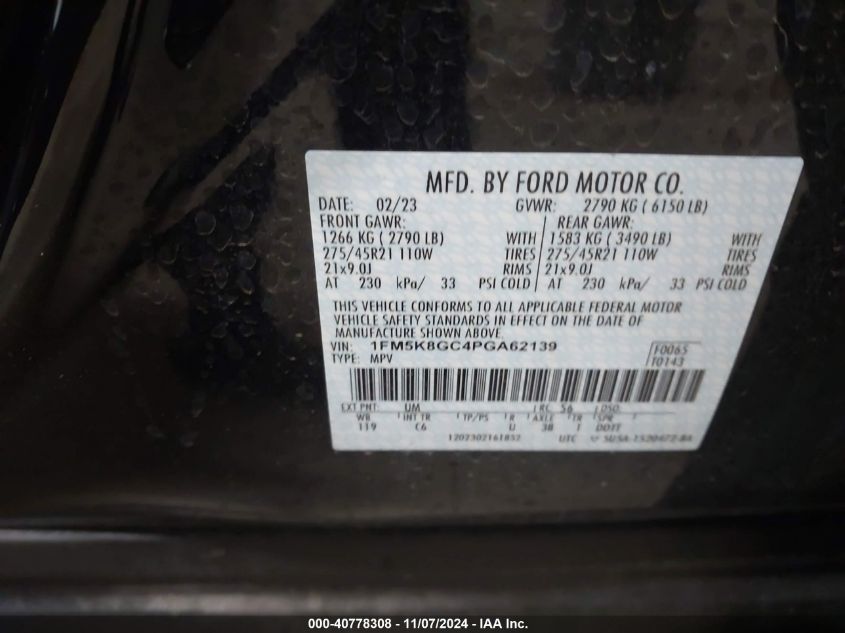 2023 Ford Explorer St VIN: 1FM5K8GC4PGA62139 Lot: 40778308