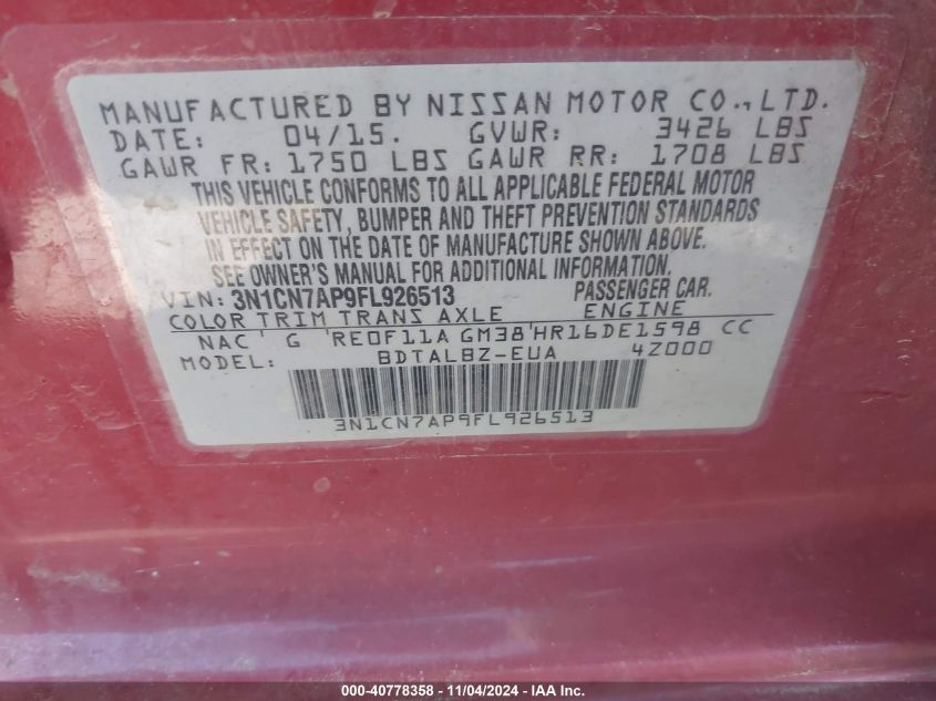 VIN 3N1CN7AP9FL926513 2015 NISSAN VERSA no.9