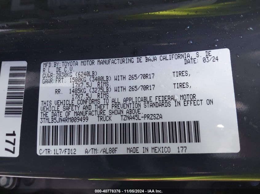 2024 Toyota Tacoma Trd Off Road VIN: 3TMLB5JN4RM009499 Lot: 40778376