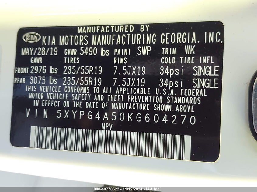 2019 Kia Sorento 3.3L S VIN: 5XYPG4A50KG604270 Lot: 40778522