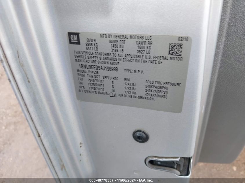2010 Chevrolet Traverse Ls VIN: 1GNLREED5AJ196998 Lot: 40778537