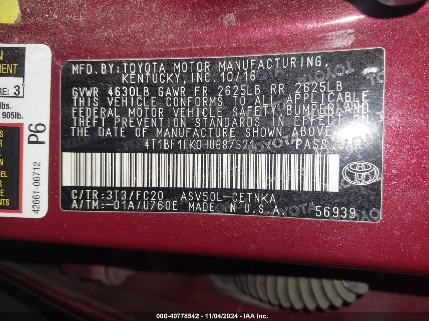 VIN 4T1BF1FK0HU687521 2017 Toyota Camry, LE no.9