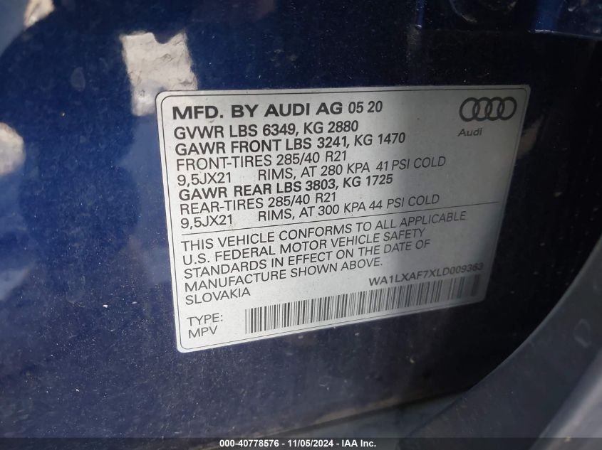 2020 Audi Q7 Premium Plus 55 Tfsi Quattro Tiptronic VIN: WA1LXAF7XLD009363 Lot: 40778576