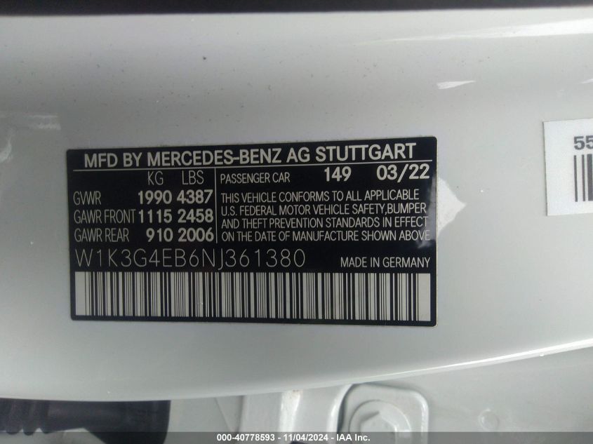 2022 Mercedes-Benz A 220 VIN: W1K3G4EB6NJ361380 Lot: 40778593