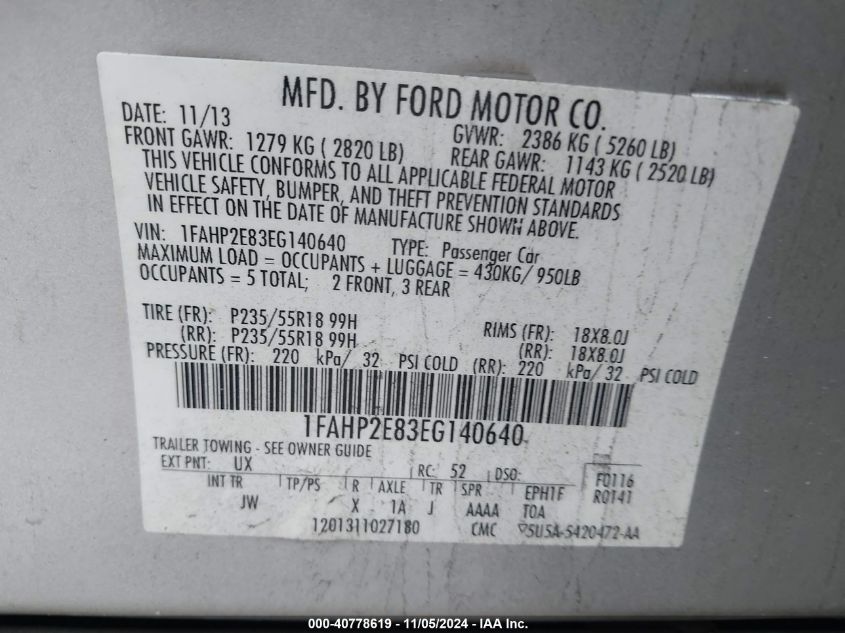 2014 Ford Taurus Sel VIN: 1FAHP2E83EG140640 Lot: 40778619