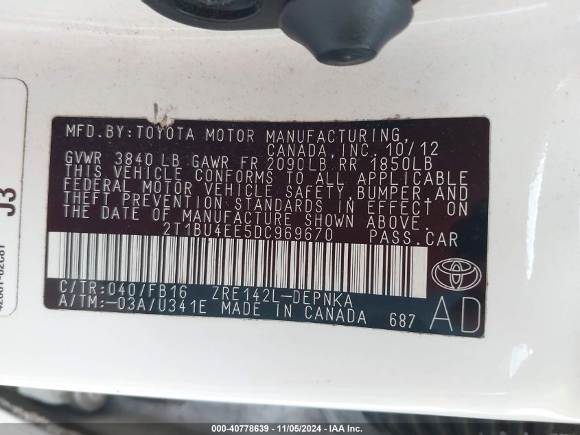 2013 Toyota Corolla Le VIN: 2T1BU4EE5DC969670 Lot: 40778639