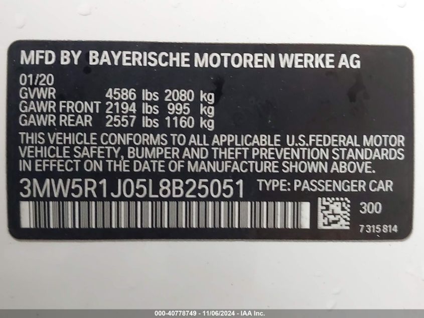 2020 BMW 330I VIN: 3MW5R1J05L8B25051 Lot: 40778749