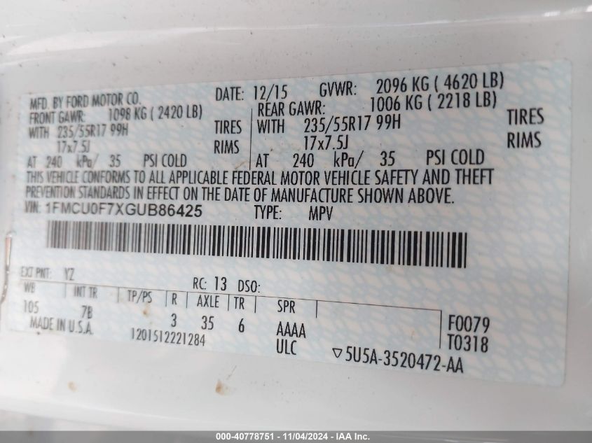 2016 Ford Escape S VIN: 1FMCU0F7XGUB86425 Lot: 40778751