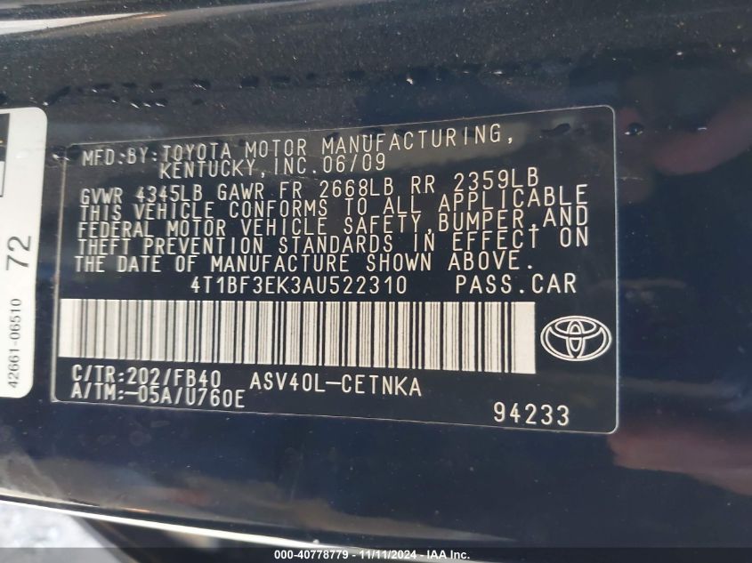 2010 Toyota Camry Le VIN: 4T1BF3EK3AU522310 Lot: 40778779