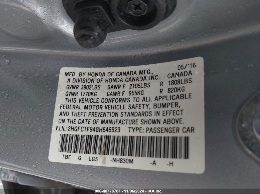 2016 HONDA CIVIC VIN: 2HGFC1F94GH646923