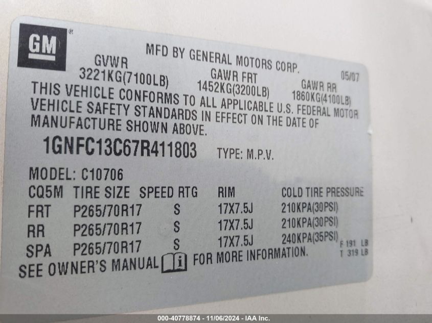 2007 Chevrolet Tahoe Ls VIN: 1GNFC13C67R411803 Lot: 40778874