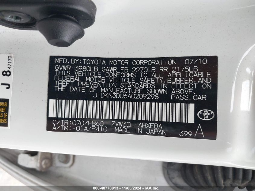 2010 Toyota Prius Ii VIN: JTDKN3DU6A0209298 Lot: 40778913